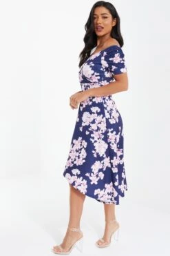 Navy Floral Bardot Dip Hem Midi Dress -Dazzle Dresses 00100037576 XS