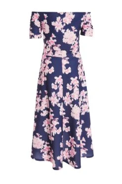 Navy Floral Bardot Dip Hem Midi Dress -Dazzle Dresses 00100037576 ZB