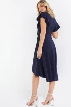 Navy Wrap Dip Hem Midi Dress -Dazzle Dresses 00100037578 XB