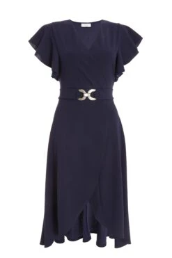 Navy Wrap Dip Hem Midi Dress