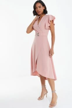 Pink Wrap Dip Hem Midi Dress -Dazzle Dresses 00100037579 XS