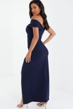 Navy Ruched Bardot Maxi Dress 8 Navy Ruched Bardot Maxi Dress -Dazzle Dresses 00100037580 XB
