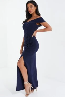 Navy Ruched Bardot Maxi Dress 9 Navy Ruched Bardot Maxi Dress -Dazzle Dresses 00100037580 XS