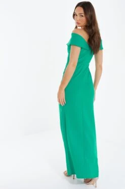 Green Ruched Bardot Maxi Dress -Dazzle Dresses 00100037581 XB