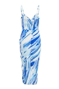 Blue Satin Brush Stroke Ruched Midi Dress -Dazzle Dresses 00100037587 ZB