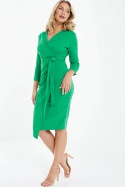 Jade Green Wrap Tie Midi Dress -Dazzle Dresses 00100037621 XS