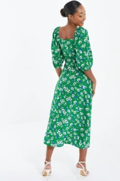 Green Floral Print Ruched Midi Dress -Dazzle Dresses 00100037630 XB