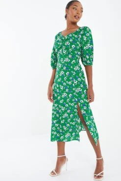 Green Floral Print Ruched Midi Dress -Dazzle Dresses 00100037630 XS