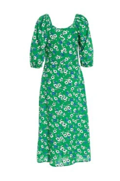 Green Floral Print Ruched Midi Dress -Dazzle Dresses 00100037630 ZB