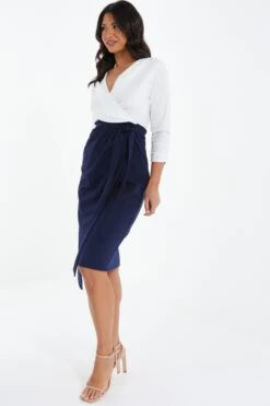 Navy Contrast Wrap Midi Dress -Dazzle Dresses 00100037632 XS