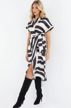 Stone Satin Stripe Print Midi Shirt Dress -Dazzle Dresses 00100037714 XS