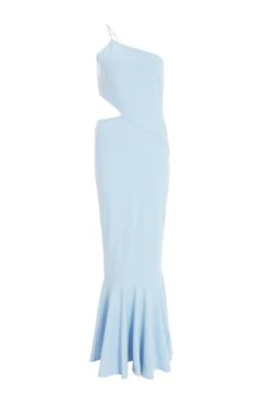 Light Blue One Shoulder Frill Hem Maxi Dress