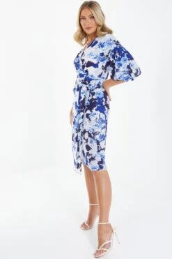 Navy Floral Wrap Midi Dress -Dazzle Dresses 00100037771 XS