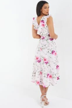 Light Pink Floral Dip Hem Midi Dress -Dazzle Dresses 00100037776 XB
