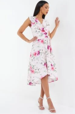 Light Pink Floral Dip Hem Midi Dress -Dazzle Dresses 00100037776 XS