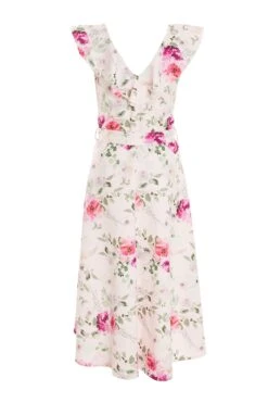 Light Pink Floral Dip Hem Midi Dress -Dazzle Dresses 00100037776 ZB