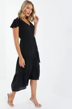 Black Tiered Dip Hem Midi Dress -Dazzle Dresses 00100037866 XS
