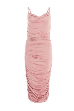 Pink Ruched Bodycon Midi Dress