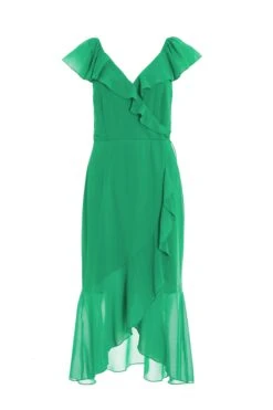 Green Wrap Frill Midi Dress