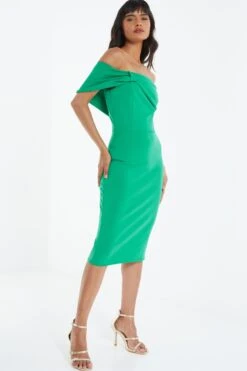 Green Bardot Bow Midi Dress -Dazzle Dresses 00100038010 XS