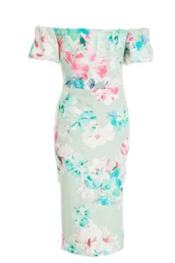 Light Green Floral Ruched Bardot Midi Dress -Dazzle Dresses 00100038046 ZB