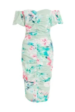 Light Green Floral Ruched Bardot Midi Dress