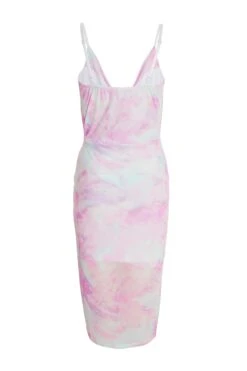 Pink Mesh Marble Print Ruched Midi Dress -Dazzle Dresses 00100038079 ZB