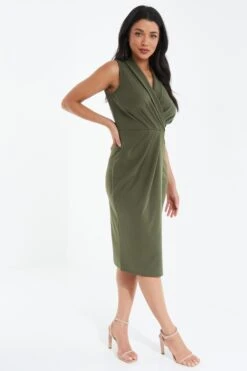 Khaki Wrap Sleeveless Midi Dress -Dazzle Dresses 00100038089 XS