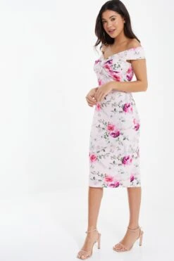 Light Pink Floral Bardot Midi Dress -Dazzle Dresses 00100038109 XS