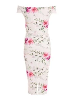 Light Pink Floral Bardot Midi Dress -Dazzle Dresses 00100038109 ZB