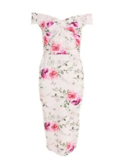 Light Pink Floral Bardot Midi Dress