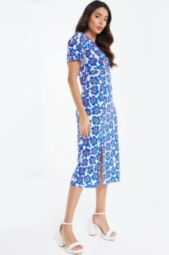 Royal Blue Floral Midi Dress -Dazzle Dresses 00100038137 XS
