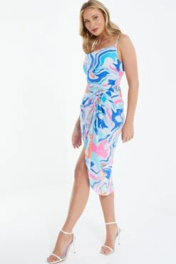 Multicolored Marble Print Ruched Midi Dress -Dazzle Dresses 00100038204 XS