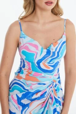 Multicolored Marble Print Ruched Midi Dress -Dazzle Dresses 00100038204 ZS