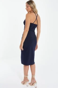 Navy Flower Ruched Midi Dress -Dazzle Dresses 00100038206 XB