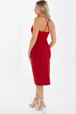 Red Flower Ruched Midi Dress -Dazzle Dresses 00100038207 XB