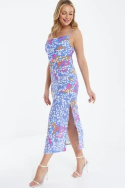 Blue Animal Print Split Midaxi Dress -Dazzle Dresses 00100038228 XS