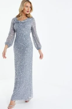 Grey Sequin Long Sleeve Maxi Dress -Dazzle Dresses 00100038237 XB
