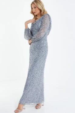 Grey Sequin Long Sleeve Maxi Dress -Dazzle Dresses 00100038237 XS