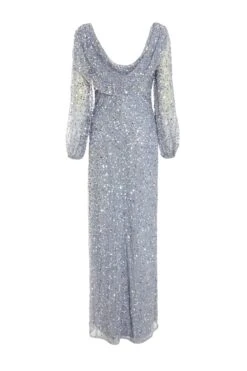 Grey Sequin Long Sleeve Maxi Dress -Dazzle Dresses 00100038237 ZB
