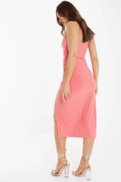 Coral Wrap Split Midi Dress -Dazzle Dresses 00100038288 XB