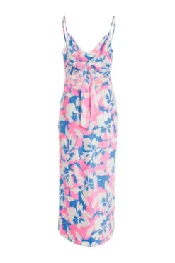 Blue Floral Satin Tie Back Midi Dress -Dazzle Dresses 00100038338 ZB