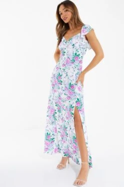 White Floral Split Maxi Dress -Dazzle Dresses 00100038341 XS