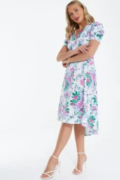 White Floral Puff Sleeve Midi Dress -Dazzle Dresses 00100038342 XS