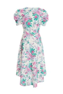 White Floral Puff Sleeve Midi Dress -Dazzle Dresses 00100038342 ZB