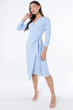 Light Blue Wrap Tie Midi Dress -Dazzle Dresses 00100038461 XS