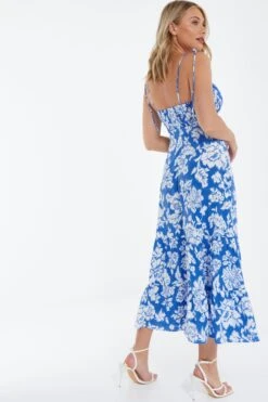 Blue Floral Strappy Midi Dress -Dazzle Dresses 00100038468 XB