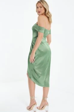 Sage Satin Ruched Bardot Midi Dress -Dazzle Dresses 00100038471 XB