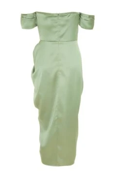 Sage Satin Ruched Bardot Midi Dress -Dazzle Dresses 00100038471 ZB
