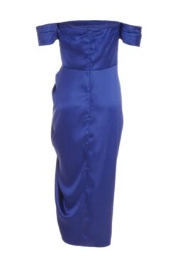 Navy Satin Ruched Bardot Midi Dress -Dazzle Dresses 00100038472 ZB